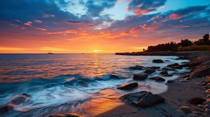 Beautiful sea sunrise over ocean.Amazing colorful dark sunset clouds on summer. - obrazy, fototapety, plakaty