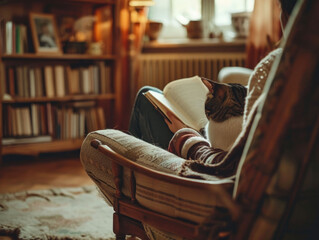 An image of a person sitting on a comfortable armchair, deeply engrossed in reading a book, with a cat curled up their lap