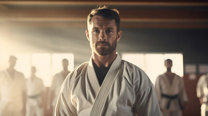 Confident Martial Arts Instructor Leading Karate Class. Dedication and Leadership in Dojo Concept