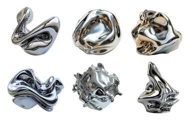 Chrome liquid shape, set metallic fluid blobs. Abstract, futuristic metal form reflection effect.