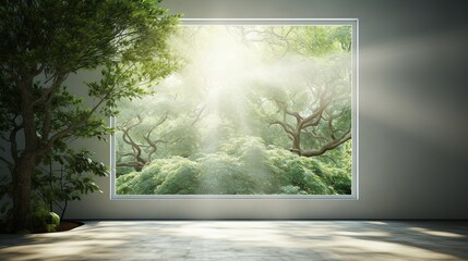 The light shines on the white door. When looking outside, there are green trees.