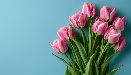 Beautiful composition of spring flowers, a bouquet of pink tulips on a pastel blue background, ideal for Valentine's Day, Easter, Happy Women's Day, Mother's Day
