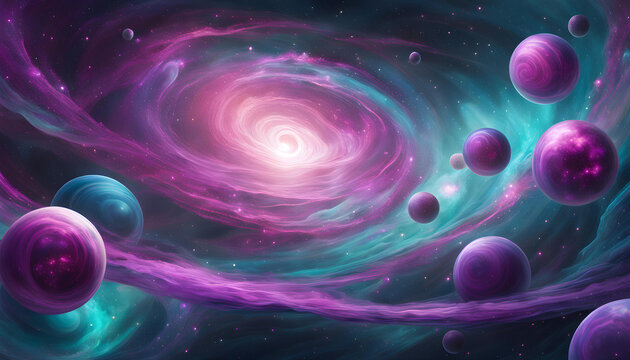 space background with swirling galaxy and planets