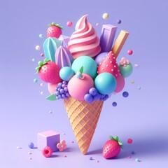 Colorful delicious ice cream in a cone on a pastel purple background. Tasty dessert food concept in minimalism style. Realistic 3D render. Wide screen wallpaper, for design and banners.
