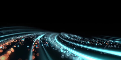  3d abstract fast moving lines. High speed motion blur. curved blue and red light path trail with bokeh blur effect. , The concept of technology and information data transfer. Abstract digital