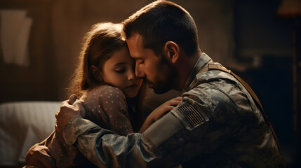 Fototapeta premium A soldier hugs his child in the house. Copy space