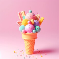 Colorful delicious ice cream in a cone on a pastel pink background. Tasty dessert food concept in minimalism style. Realistic 3D render. Wide screen wallpaper, for design and banners.