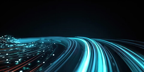  3d abstract fast moving lines. High speed motion blur. curved blue and red light path trail with bokeh blur effect. , The concept of technology and information data transfer. Abstract digital