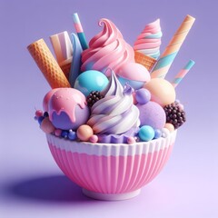Colorful delicious ice cream on a pastel purple background. Tasty dessert food concept in minimalism style. Realistic 3D render. Wide screen wallpaper, for design and banners.