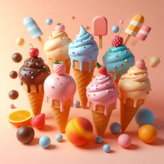 Colorful delicious ice cream in a cones on peach fuzz trendy 2024 color background. Tasty dessert food concept in minimalism style. Realistic 3D render. Wide screen wallpaper, for design and banners.