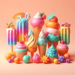 Fototapeta na wymiar Colorful delicious ice cream in a cones on peach fuzz trendy 2024 color background. Tasty dessert food concept in minimalism style. Realistic 3D render. Wide screen wallpaper, for design and banners.