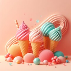 Colorful delicious ice cream in a cones on peach fuzz trendy 2024 color background. Tasty dessert food concept in minimalism style. Realistic 3D render. Wide screen wallpaper, for design and banners.