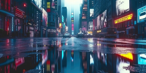 3d modern buildings in capital city with neon light reflection from puddles on street. Concept for night life, never sleep business district center , night cyberpunk city - obrazy, fototapety, plakaty