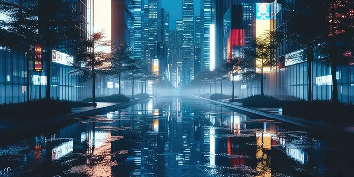 3d modern buildings in capital city with neon light reflection from puddles on street. Concept for night life, never sleep business district center , night cyberpunk city