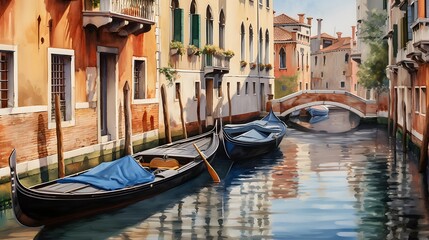 Fototapeta na wymiar Venice, Italy. Panoramic view of a canal with gondolas