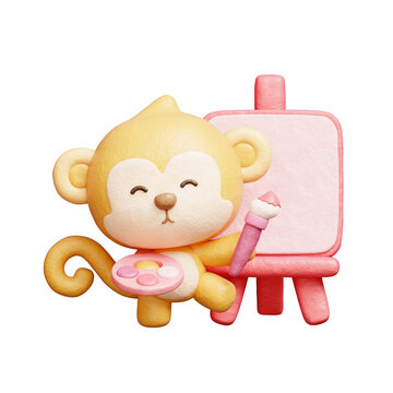 3D cute monkey painting on canvas, Cartoon animal character, 3D rendering.
