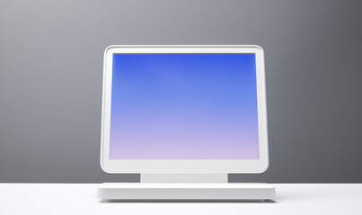 Computer with blue screen on grey wall background with copy space