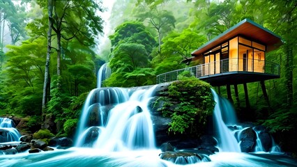 tree house at the waterfall, nature house, 4k