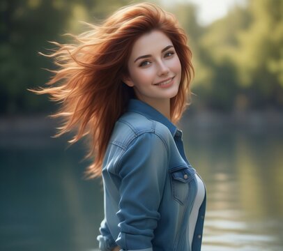 Portrait of a beautiful red-haired girl in a blue jacket on the background of the lake