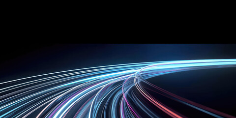 3d abstract fast moving lines. High speed motion blur. curved blue and red light path trail with bokeh blur effect. , The concept of technology and information data transfer. Abstract digital