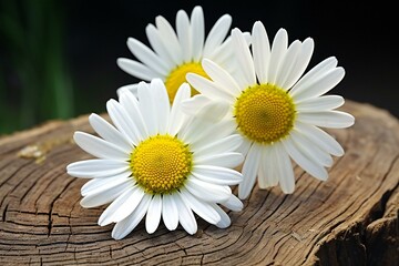 Fototapeta na wymiar White daisies on a wooden background, Close-up