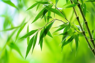 Bamboo leaves on green background in sunny day,  Nature background