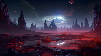 Fantasy alien planet. Mountain and lake. 3D illustration.