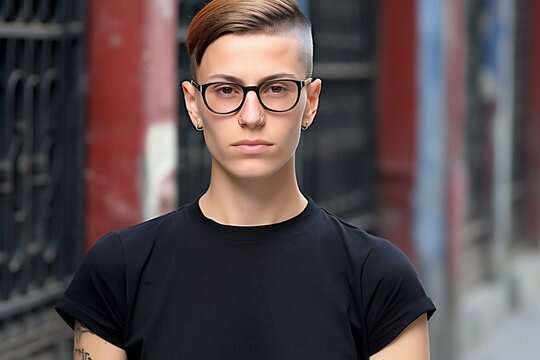 Portrait of a handsome young man in black t-shirt and glasses