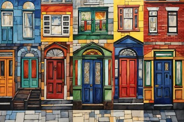 Colorful houses on the street in Istanbul, Turkey,  Watercolor illustration