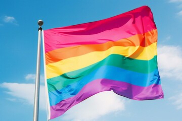 Rainbow flag waving in the wind against a blue sky with clouds