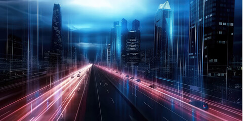 Trail lights from highway and light reflection from buildings in  modern city at fog night. Seamless loop. Concept of technology background, cyberpunk, fin tech, big data, 5g fast network