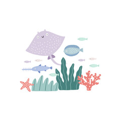 Cute cartoon undersea world. Deep Ocean or sea with fish, stingray, seashells, stars, sea horse, aquatic plants. Vector border in flat style © NadezdaBarkova