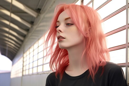 Young woman with pink hair in a subway station,  Portrait of a girl with pink hair