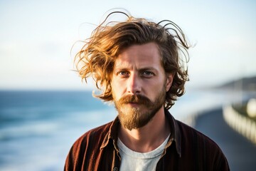 Portrait of a handsome man with long hair on the beach - obrazy, fototapety, plakaty
