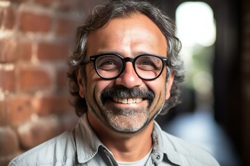 Portrait of handsome man with glasses smiling at camera in a pub - obrazy, fototapety, plakaty