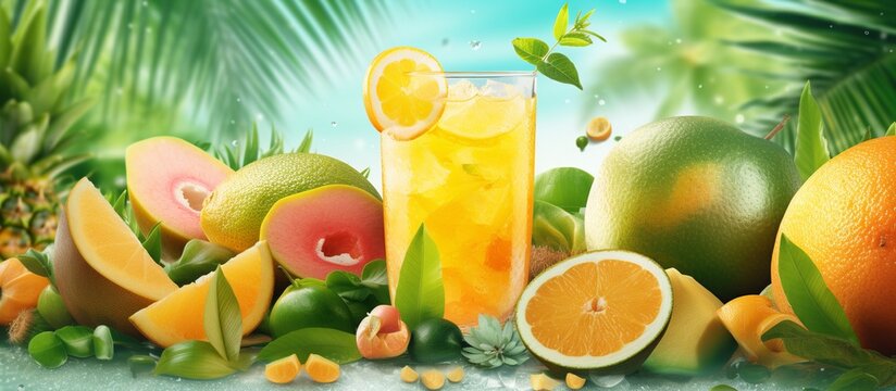 Glasses of juise with leafs and fruits on table on bright background