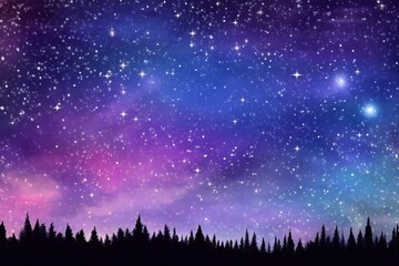 Fototapeta na wymiar Night sky with stars and silhouettes of fir trees, abstract background