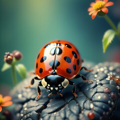 Ladybug on a black rock with flowers in the garden