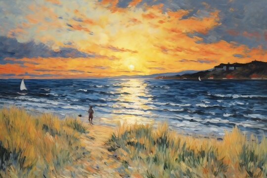 Oil painting on canvas of a man walking on the beach at sunset