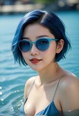 Beautiful asian woman with blue hair and blue sunglasses in swimming pool