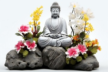 Buddha statue with flowers and stones isolated on white background