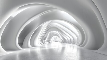 White abstract empty round tunnel. Illuminated futuristic corridor. Light reflection stage.