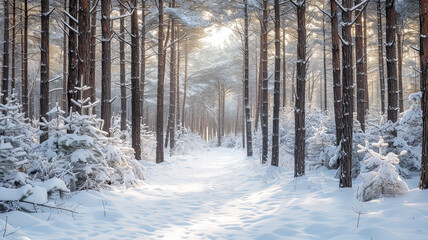 Coniferous forest in winter, snow-covered pine trees creating a serene and tranquil landscape.