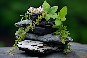 Stacked stones and flowers on a green background,  Spa concept