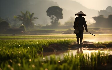 Asian farmer in rice field