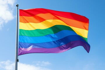 Rainbow flag waving in the wind against the blue sky background