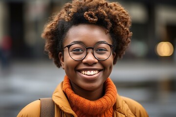 Young african american woman in eyeglasses smiling on street - obrazy, fototapety, plakaty