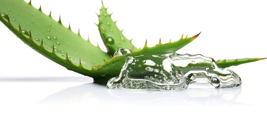 Naklejka premium Aloe vera plant and drops macro, transparent essence from aloe vera plant drips, aloe vera leaves on white background