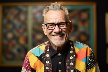 Portrait of an old man in a colorful jacket and glasses - obrazy, fototapety, plakaty