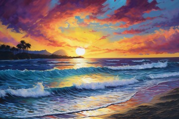 Beautiful seascape at sunset,  Digital painting in oil